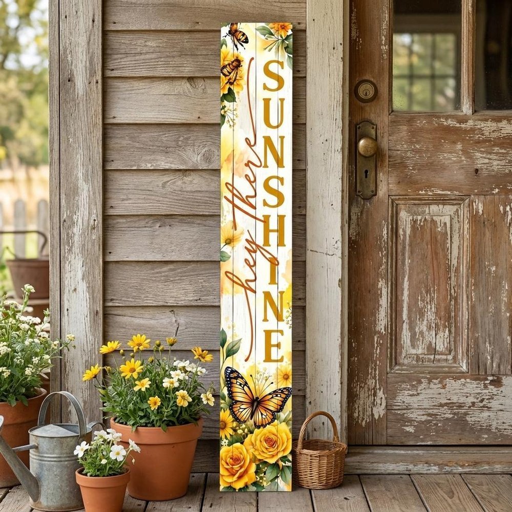46" Yellow White And Green Solid Wood Hello Sunshine Porch Sign