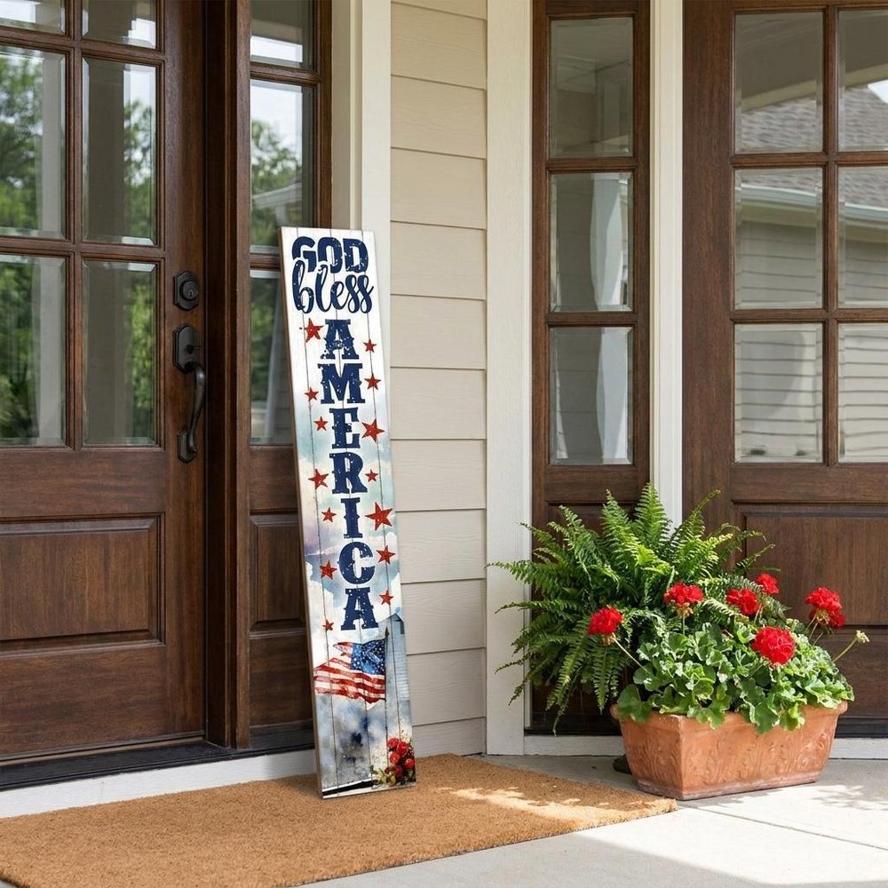46" Navy Blue Red And White Solid Wood God Bless America Porch Sign