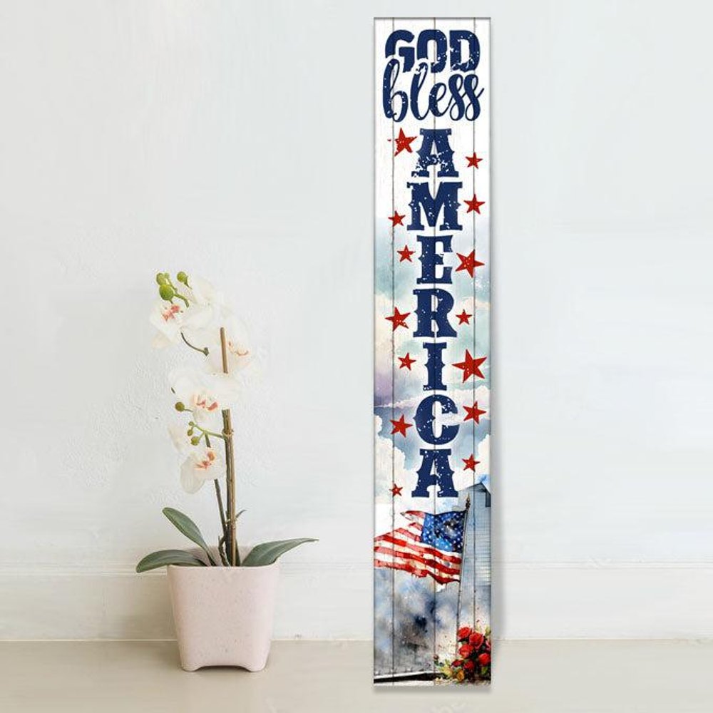 46" Navy Blue Red And White Solid Wood God Bless America Porch Sign