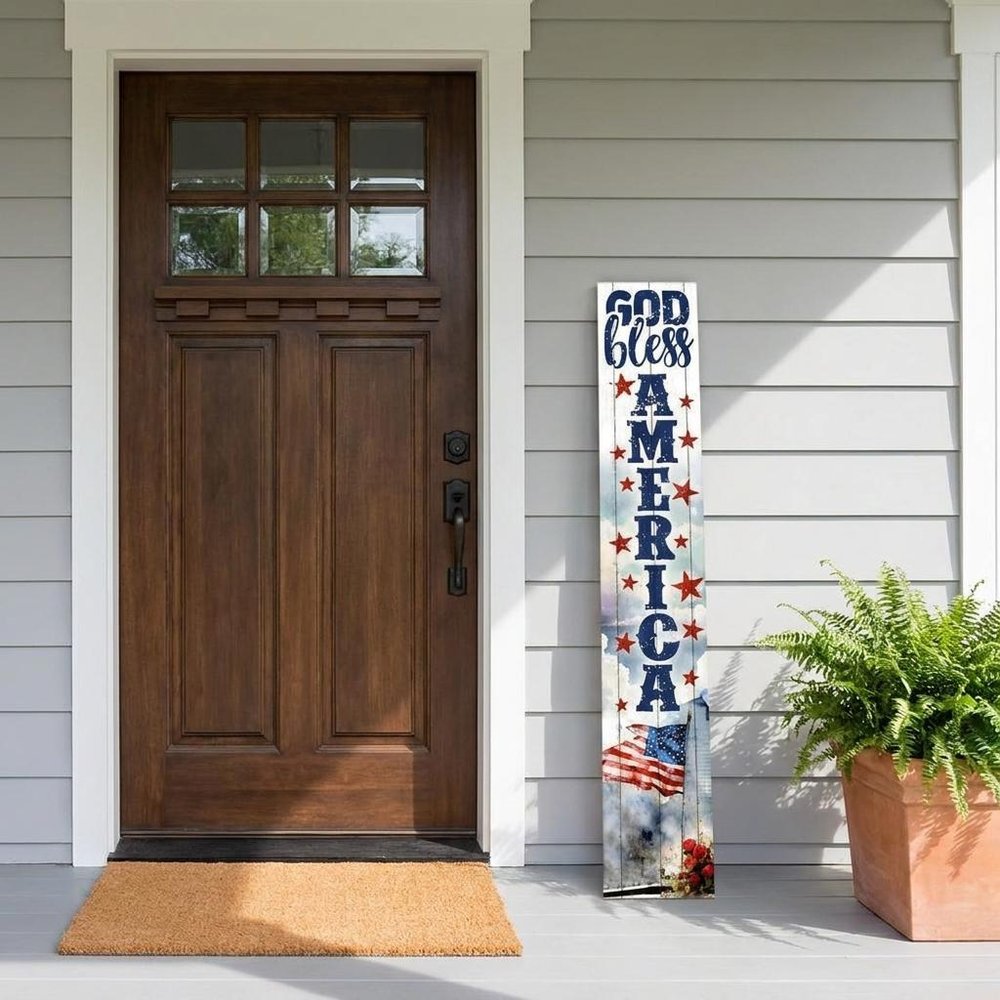 46" Navy Blue Red And White Solid Wood God Bless America Porch Sign