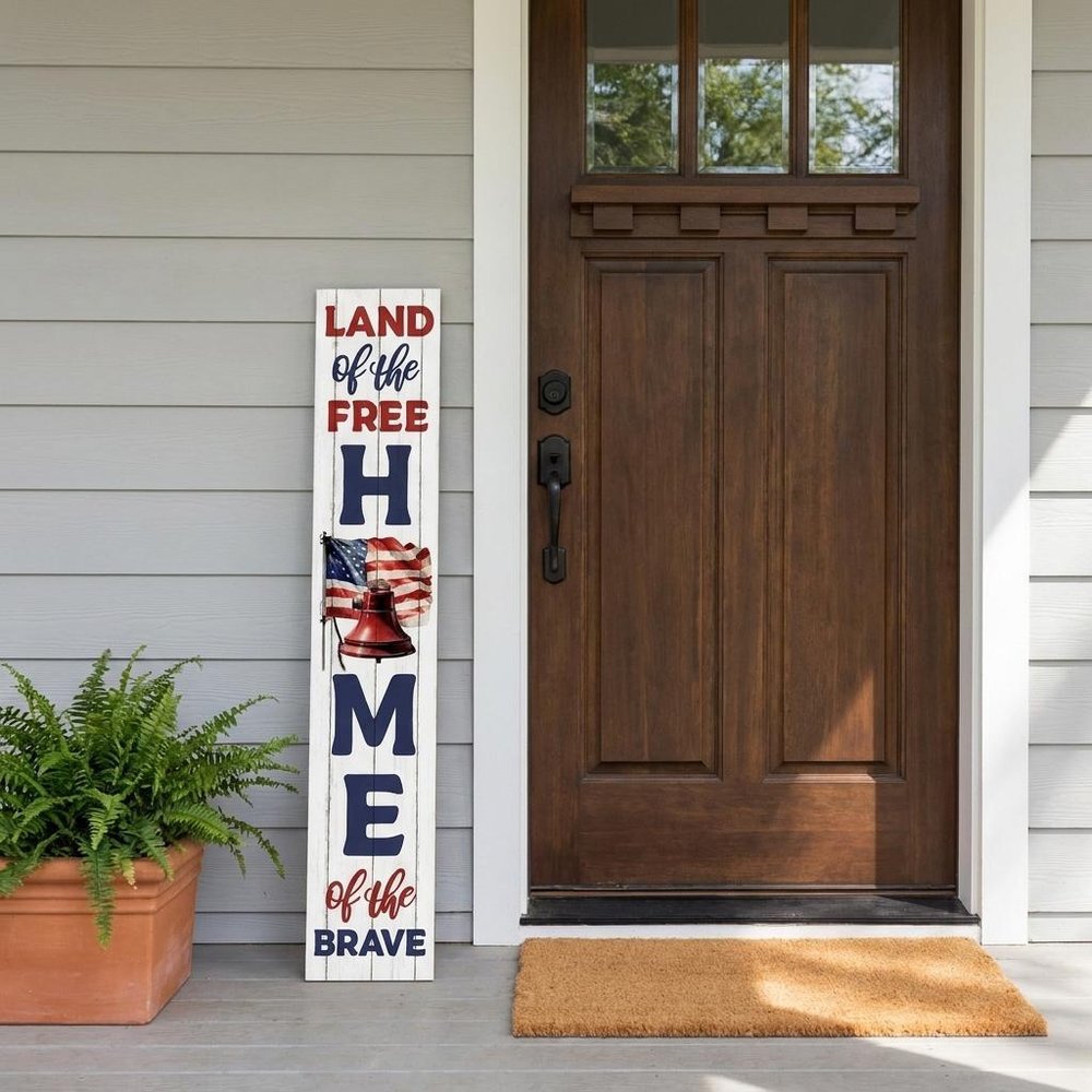 46" Navy Blue Red And White Solid Wood Land of the free Home of the Brave Porch Sign