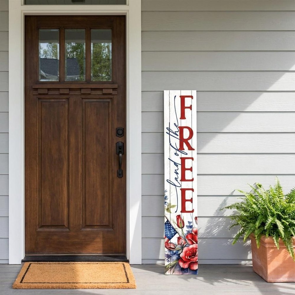 46" Navy Blue Red And White Solid Wood Land of the Free Porch Sign