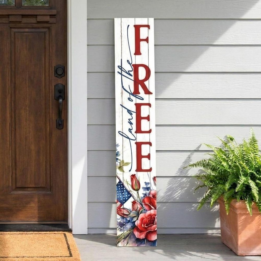 46" Navy Blue Red And White Solid Wood Land of the Free Porch Sign