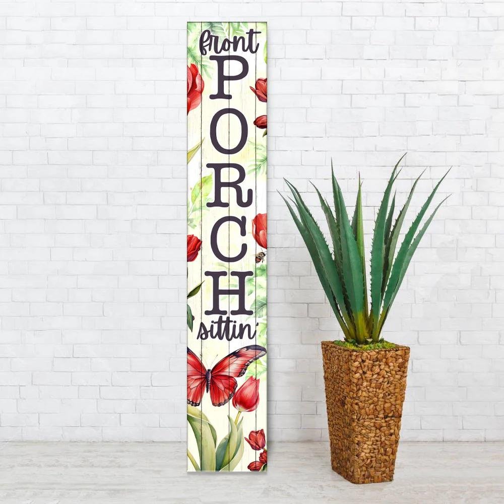 46" Green Red White And Black Solid Wood Front Porch Sittin' Butterfly Porch Sign