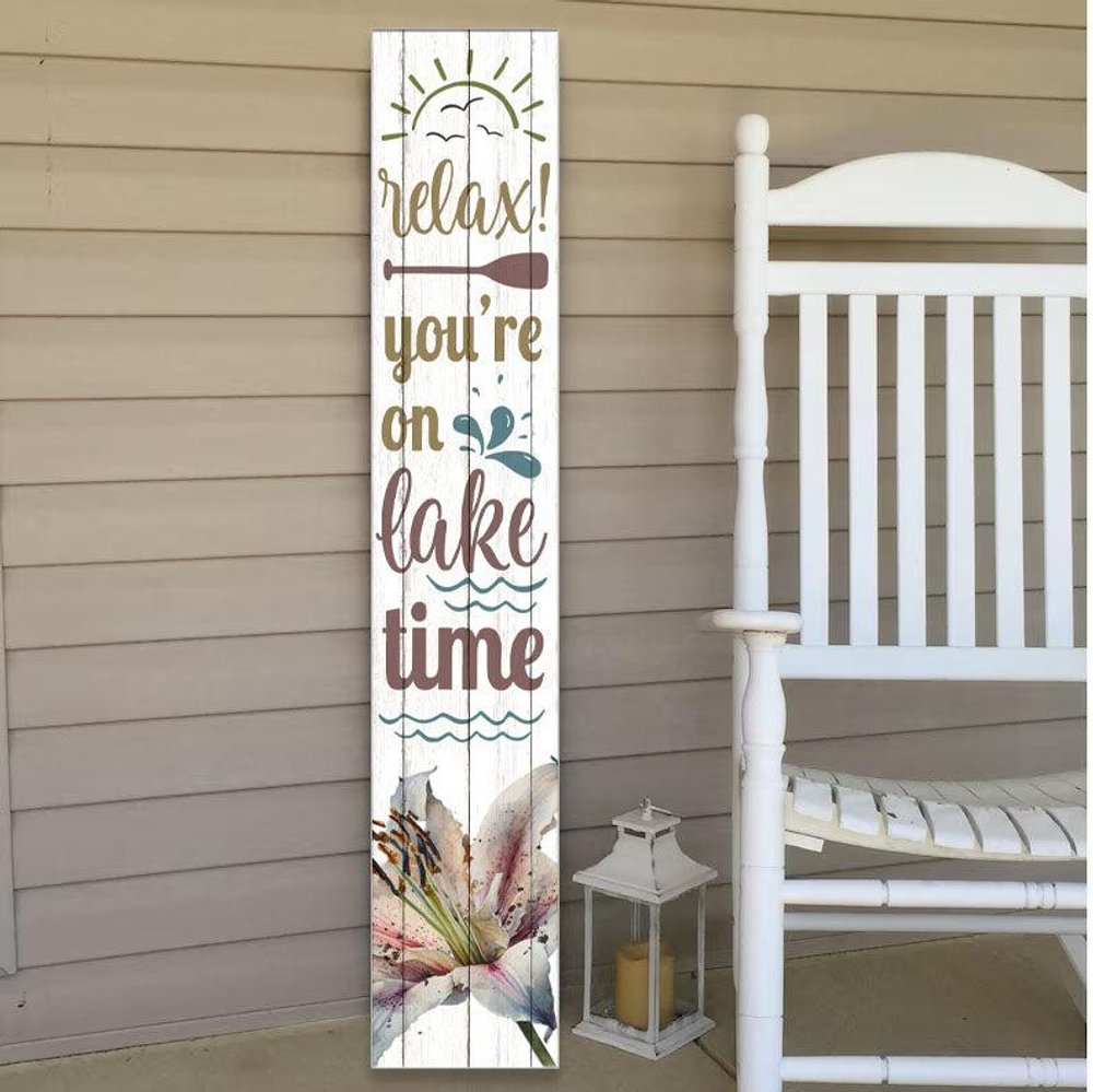 46" Teal Blue Taupe And White Solid Wood Relax You're On Lake Time Porch Sign