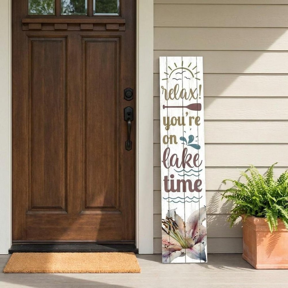 46" Teal Blue Taupe And White Solid Wood Relax You're On Lake Time Porch Sign