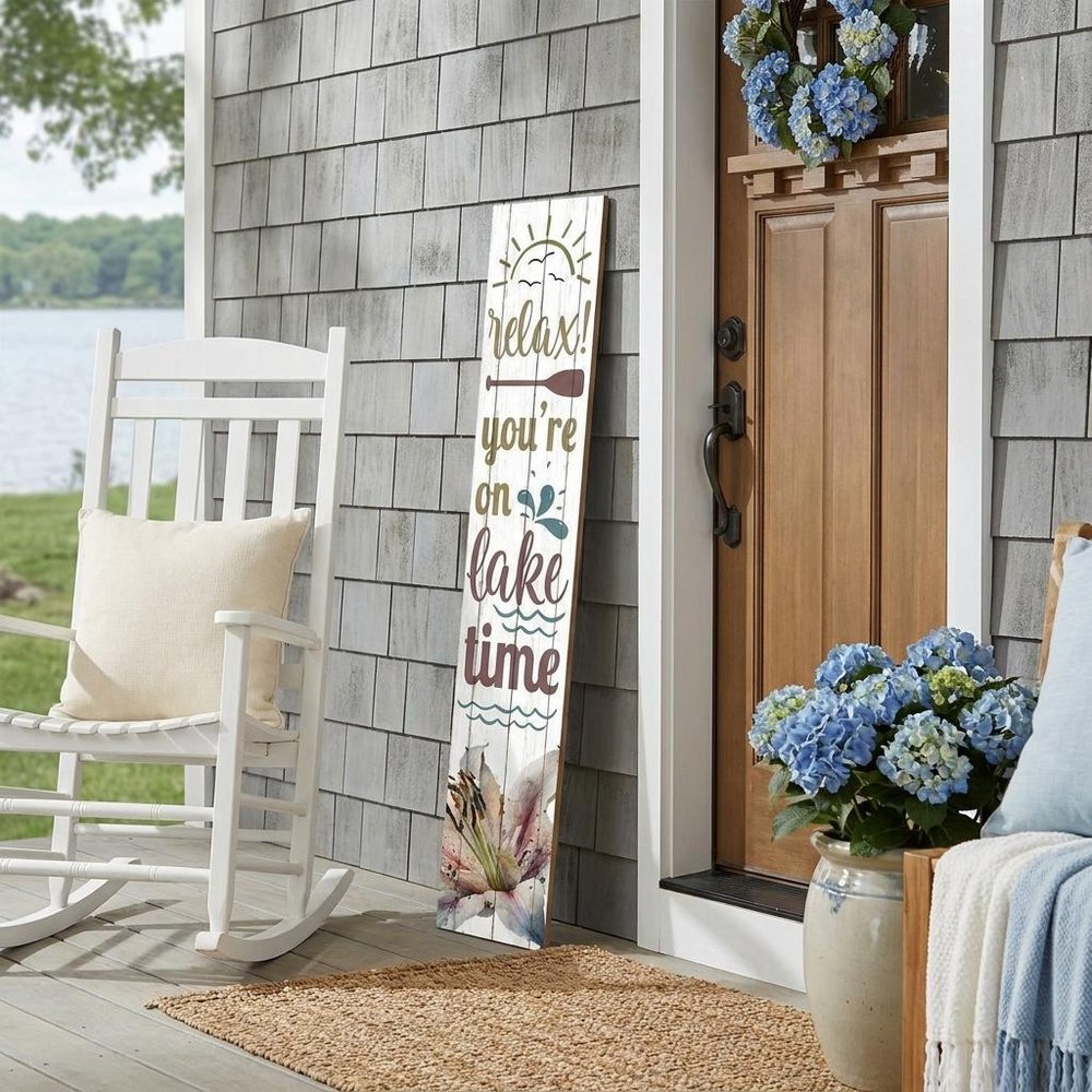 46" Teal Blue Taupe And White Solid Wood Relax You're On Lake Time Porch Sign