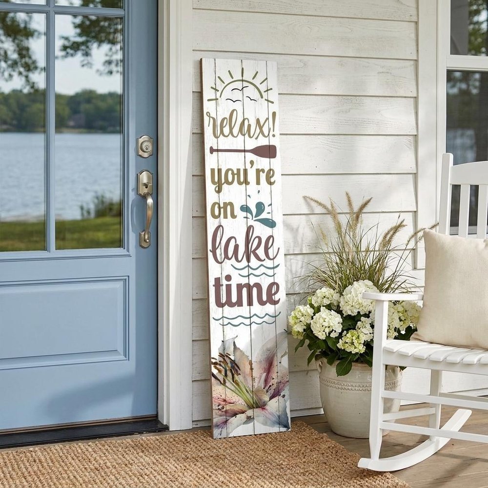 46" Teal Blue Taupe And White Solid Wood Relax You're On Lake Time Porch Sign