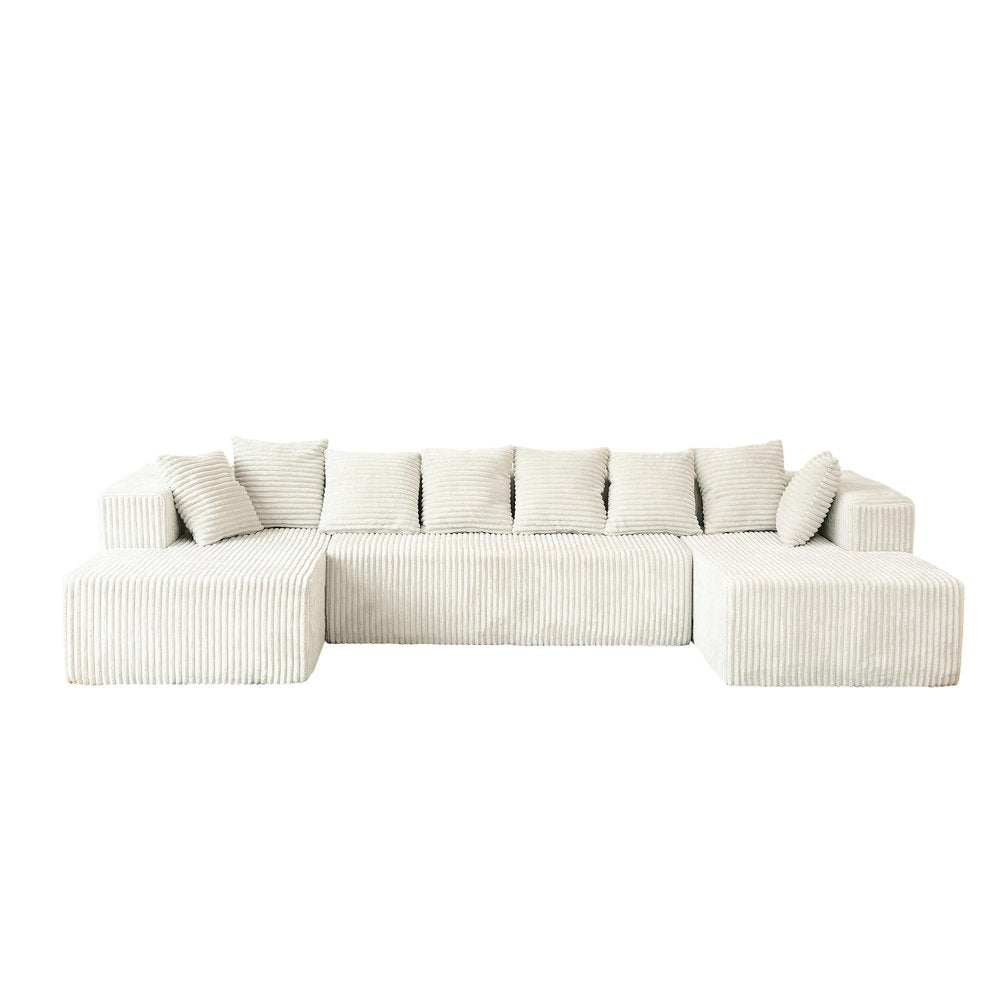 Beige Corduroy Modular U Shaped Three Piece Sofa and Chaise Sectional With Console And Toss Pillows