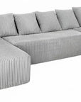 Beige Corduroy Modular U Shaped Three Piece Sofa and Chaise Sectional With Console And Toss Pillows