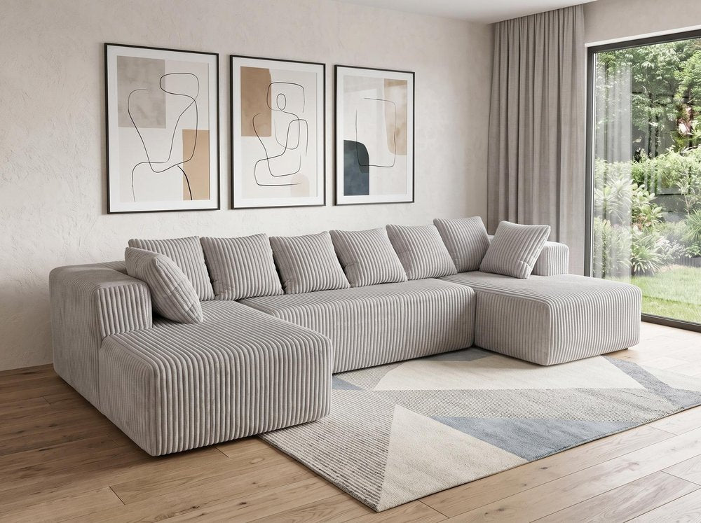 Beige Corduroy Modular U Shaped Three Piece Sofa and Chaise Sectional With Console And Toss Pillows