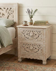 27" White Solid Wood Square Distressed Carved Floral Two Drawer Nightstand