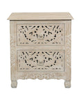 27" White Solid Wood Square Distressed Carved Floral Two Drawer Nightstand