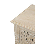 27" White Solid Wood Square Distressed Carved Floral Two Drawer Nightstand