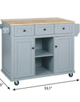 53" Brown and Blue Wood Flat Door Rolling Kitchen Cart With Storage