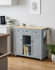 53" Brown and Blue Wood Flat Door Rolling Kitchen Cart With Storage