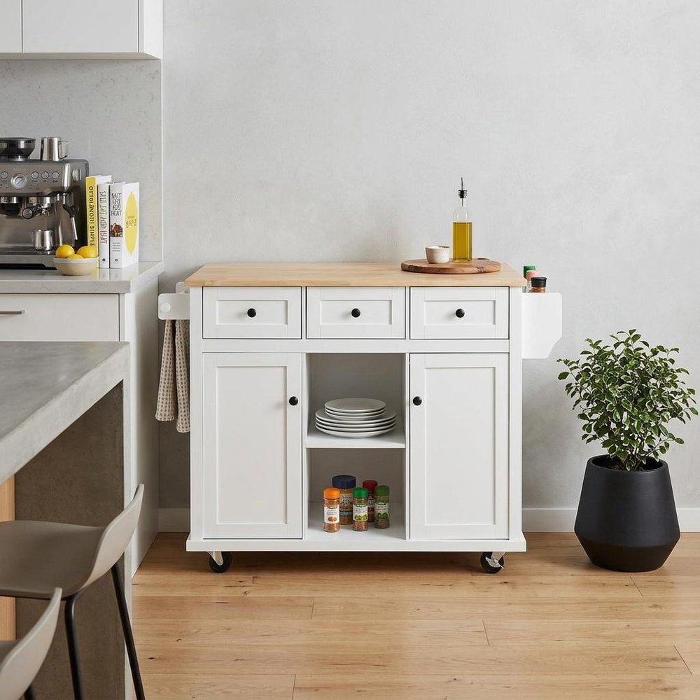 53" Brown and White Wood Flat Door Rolling Kitchen Cart With Storage