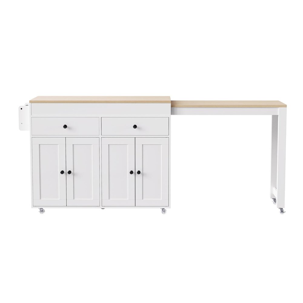 51" Brown and White Wood Flat Door Rolling Kitchen Cart