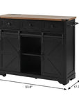 54" Brown and Black Wood Flat Door Rolling Kitchen Cart With Storage With USB