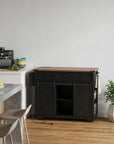 54" Brown and Black Wood Flat Door Rolling Kitchen Cart With Storage With USB