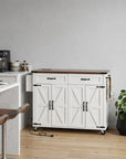54" Brown and White Wood Flat Door Rolling Kitchen Cart With USB