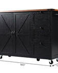 55" Brown and Black Wood Flat Door Rolling Kitchen Cart With Storage With USB