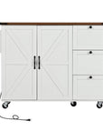 55" Brown and White Wood Flat Door Rolling Kitchen Cart With Storage With USB
