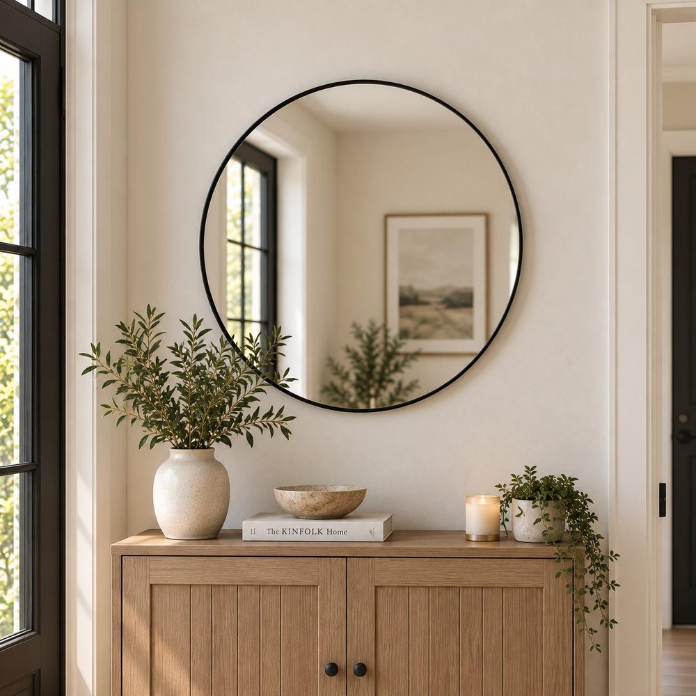 32" Black Aluminum Round Framed Bathroom Vanity Mirror