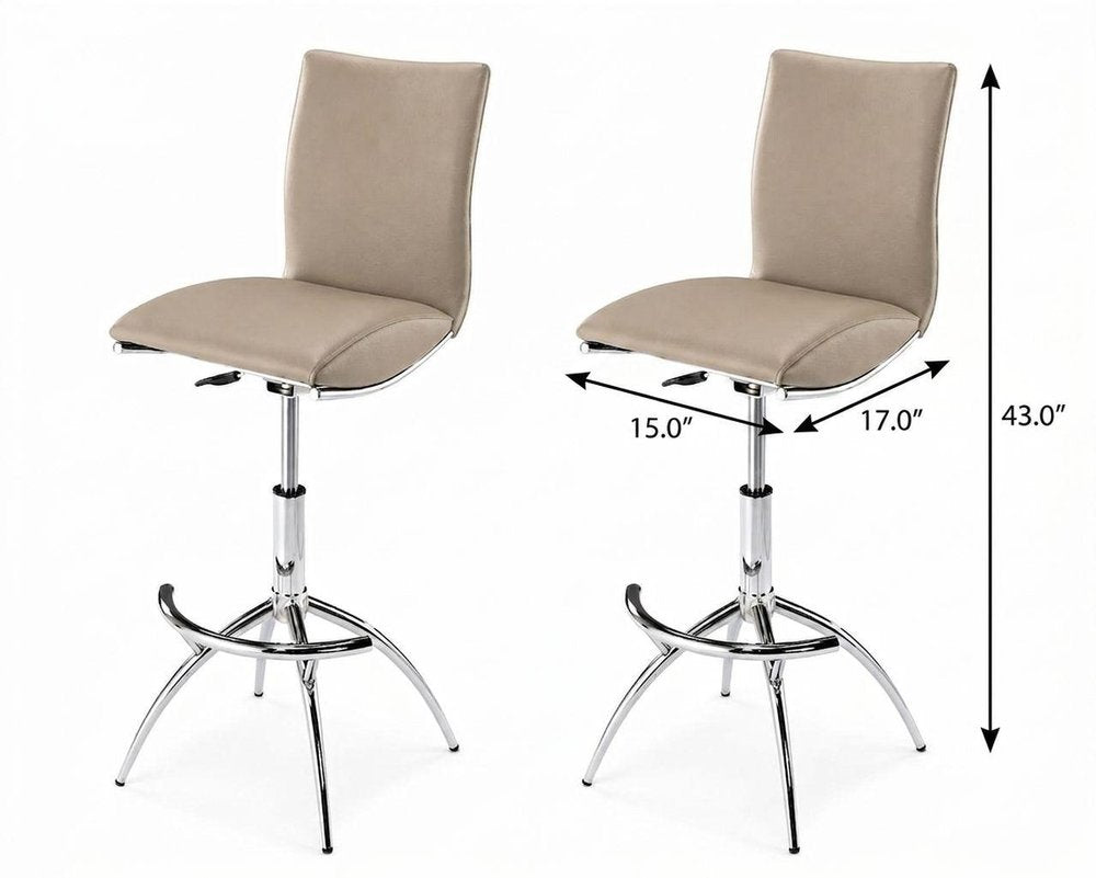 Set of Two Brown And Silver Faux Leather And Metal Low Back Adjustable Height Swivel Bar Chairs