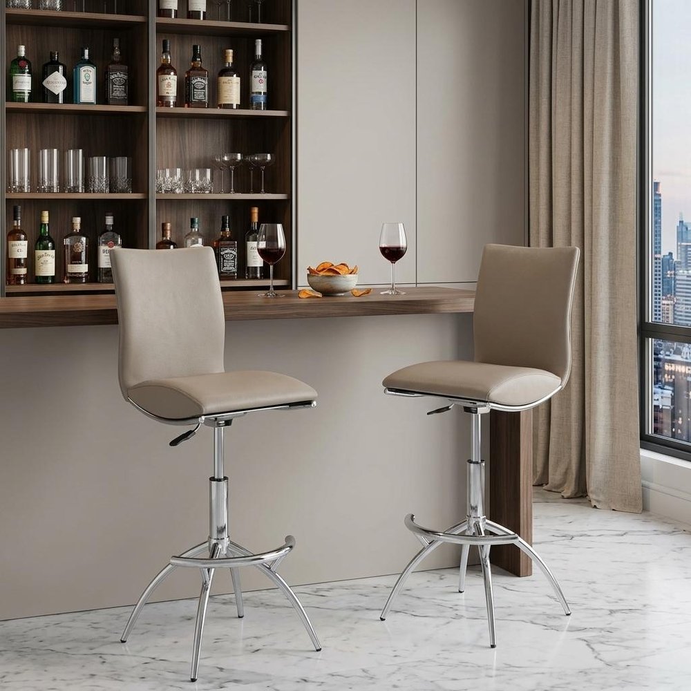 Set of Two Brown And Silver Faux Leather And Metal Low Back Adjustable Height Swivel Bar Chairs