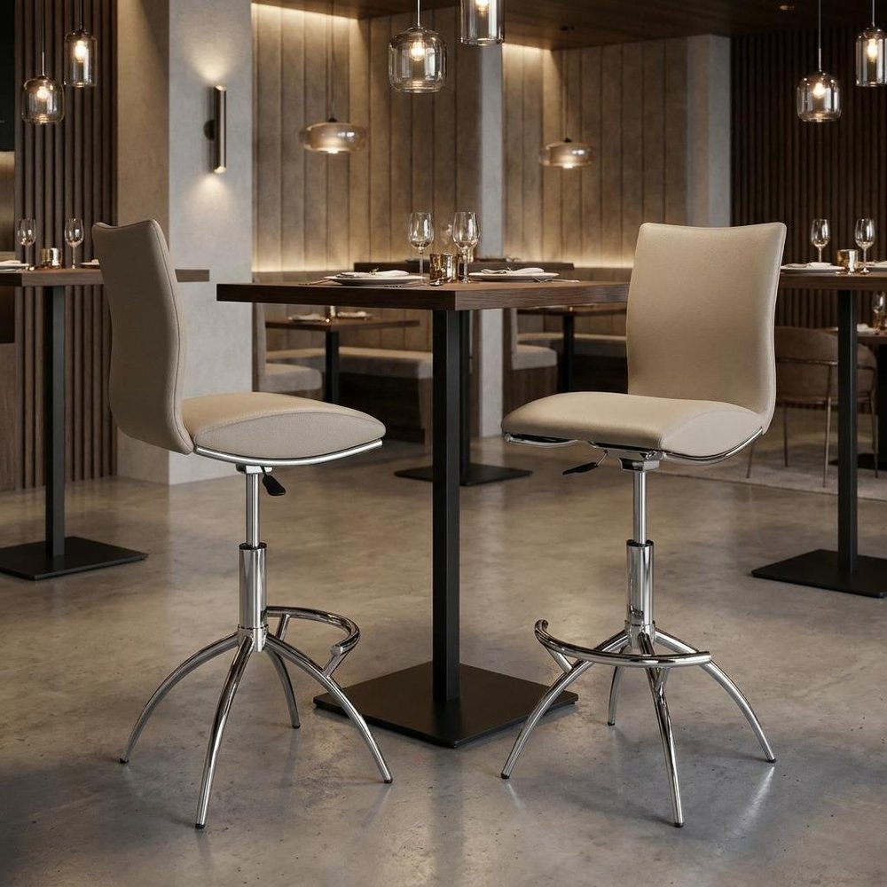 Set of Two Brown And Silver Faux Leather And Metal Low Back Adjustable Height Swivel Bar Chairs