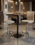 Set of Two Brown And Silver Faux Leather And Metal Low Back Adjustable Height Swivel Bar Chairs