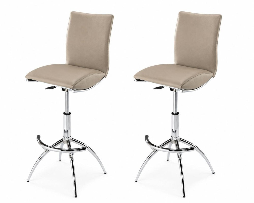 Set of Two Brown And Silver Faux Leather And Metal Low Back Adjustable Height Swivel Bar Chairs