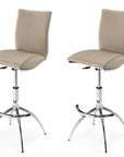 Set of Two Brown And Silver Faux Leather And Metal Low Back Adjustable Height Swivel Bar Chairs