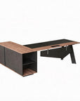 63" Black And Brown Wood And Steel L Shape Pedestal Executive Desk With Four Cabinets