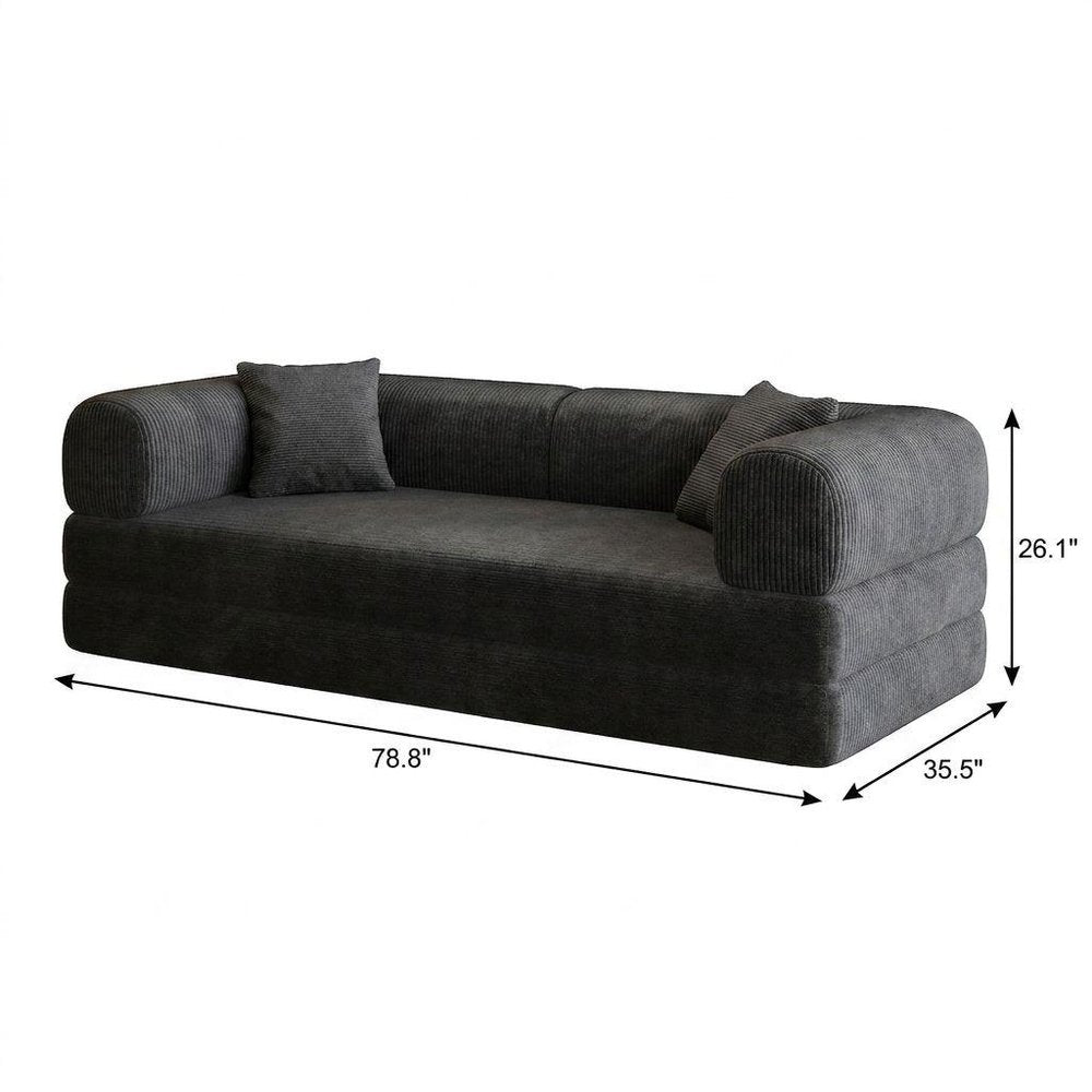 79" Camel Corduroy Convertible Futon Sleeper Sofa With Toss Pillows