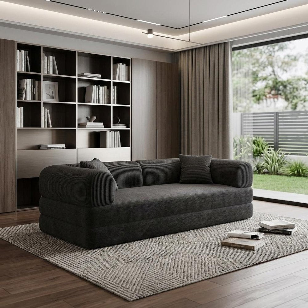 79" Camel Corduroy Convertible Futon Sleeper Sofa With Toss Pillows