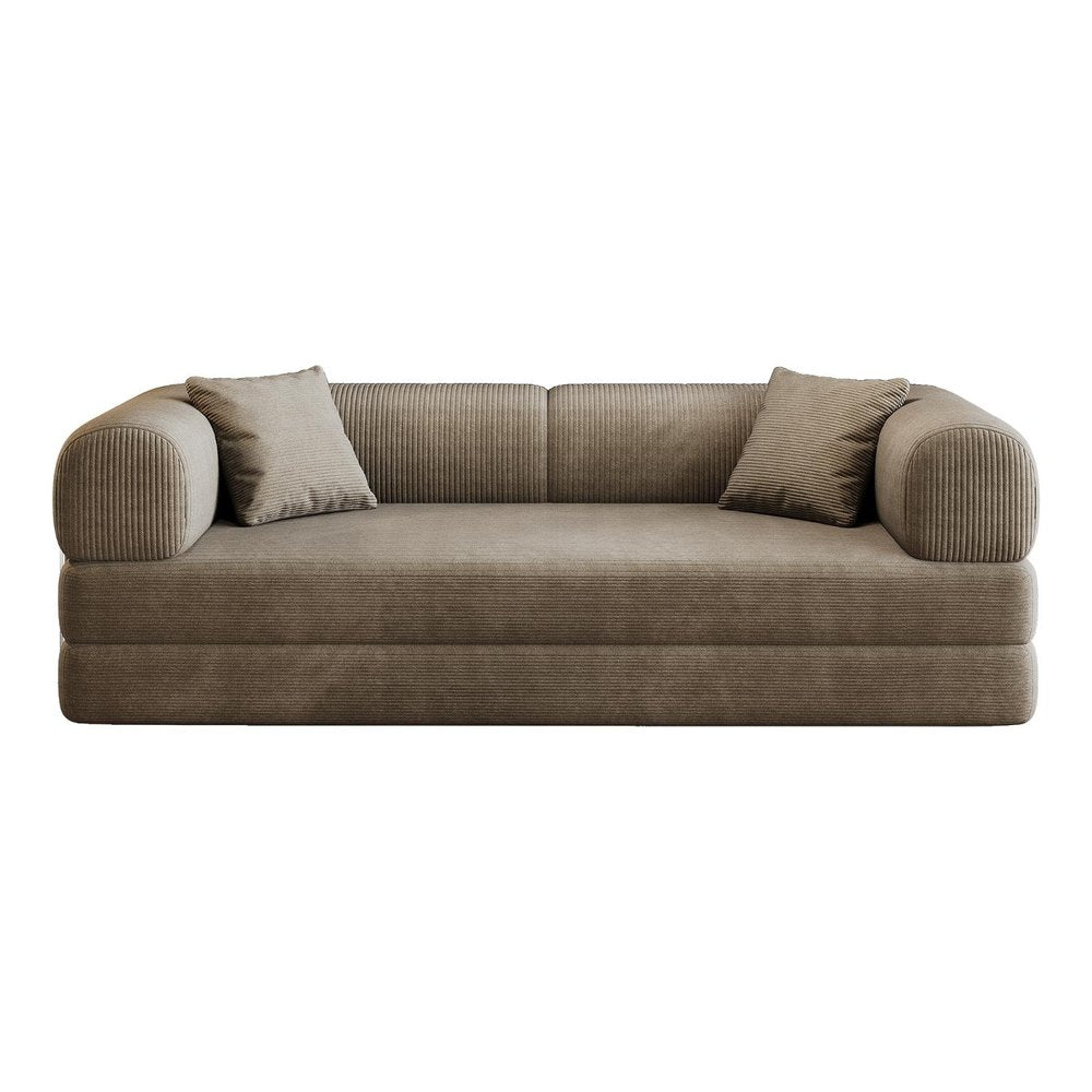 79" Camel Corduroy Convertible Futon Sleeper Sofa With Toss Pillows