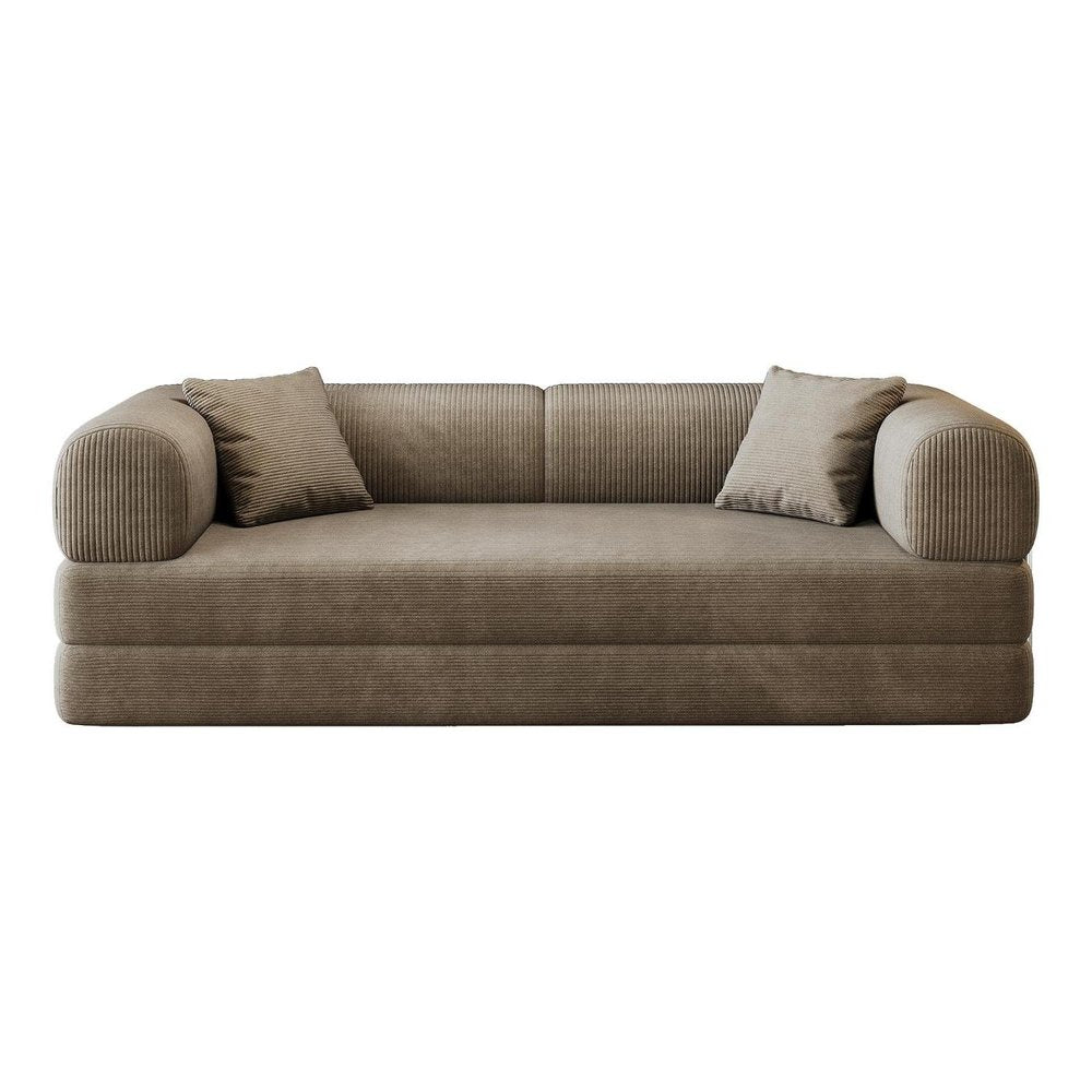 79" Camel Corduroy Convertible Futon Sleeper Sofa With Toss Pillows
