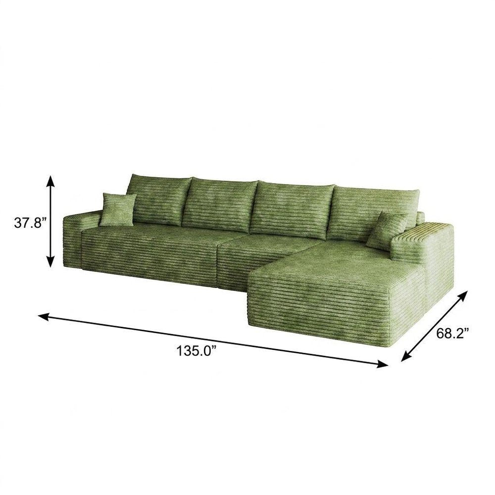 Green Corduroy Modular L Shaped Sofa and Chaise Sectional
