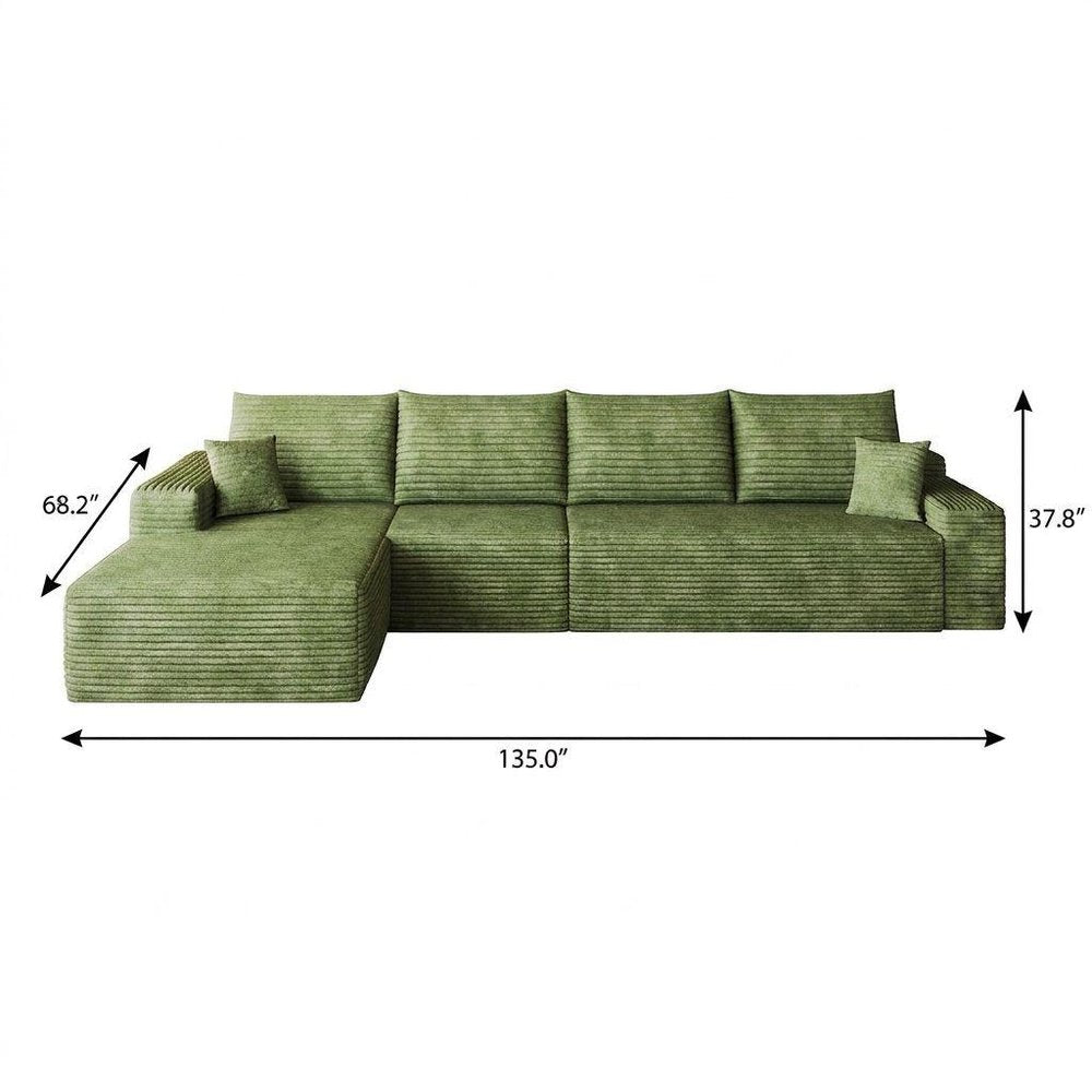 Green Corduroy Modular L Shaped Sofa and Chaise Sectional