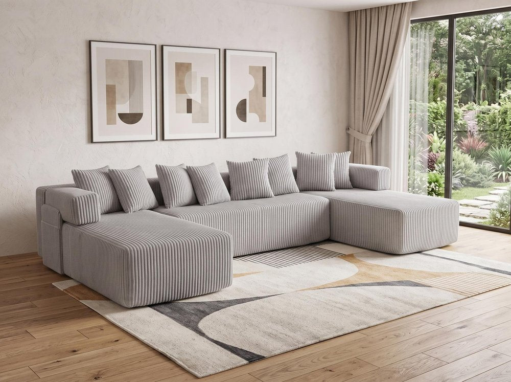 Black Corduroy Modular U Shaped Three Piece Corner Sectional With Console And Toss Pillows