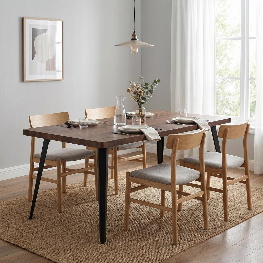 63" Walnut And Black Wood And Iron Dining Table