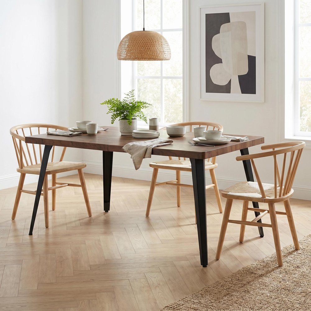 63" Walnut And Black Wood And Iron Dining Table