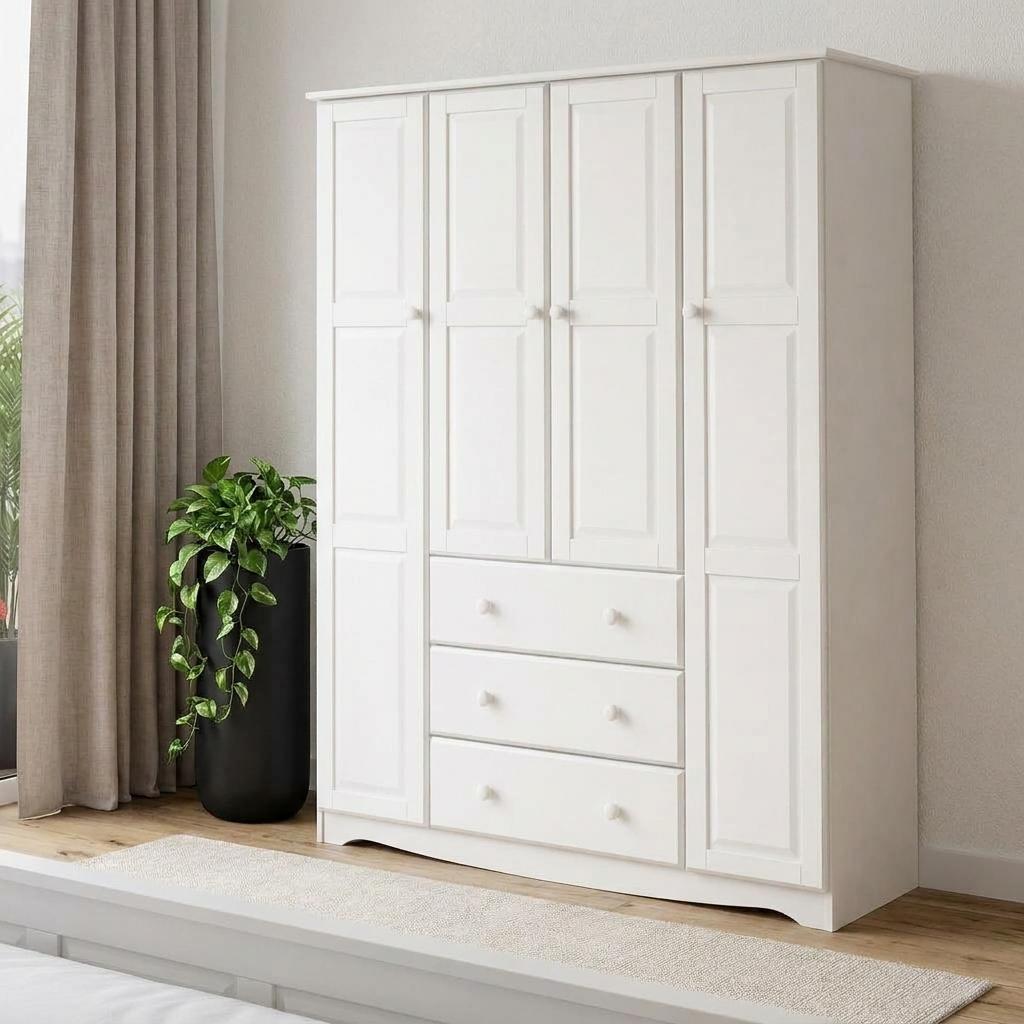 72" White Solid Wood Four Door Three Drawer Combo Dresser