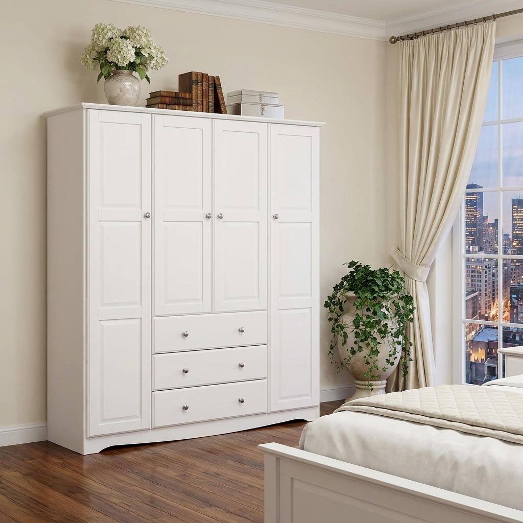 72" White Solid Wood Four Door Three Drawer Combo Dresser
