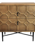 26" Natural Iron and Solid Wood Distressed Carved Geometric Two Drawer Nightstand