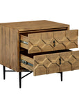 26" Natural Iron and Solid Wood Distressed Carved Geometric Two Drawer Nightstand