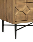 26" Natural Iron and Solid Wood Distressed Carved Geometric Two Drawer Nightstand
