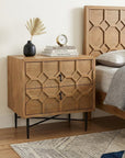 26" Natural Iron and Solid Wood Distressed Carved Geometric Two Drawer Nightstand